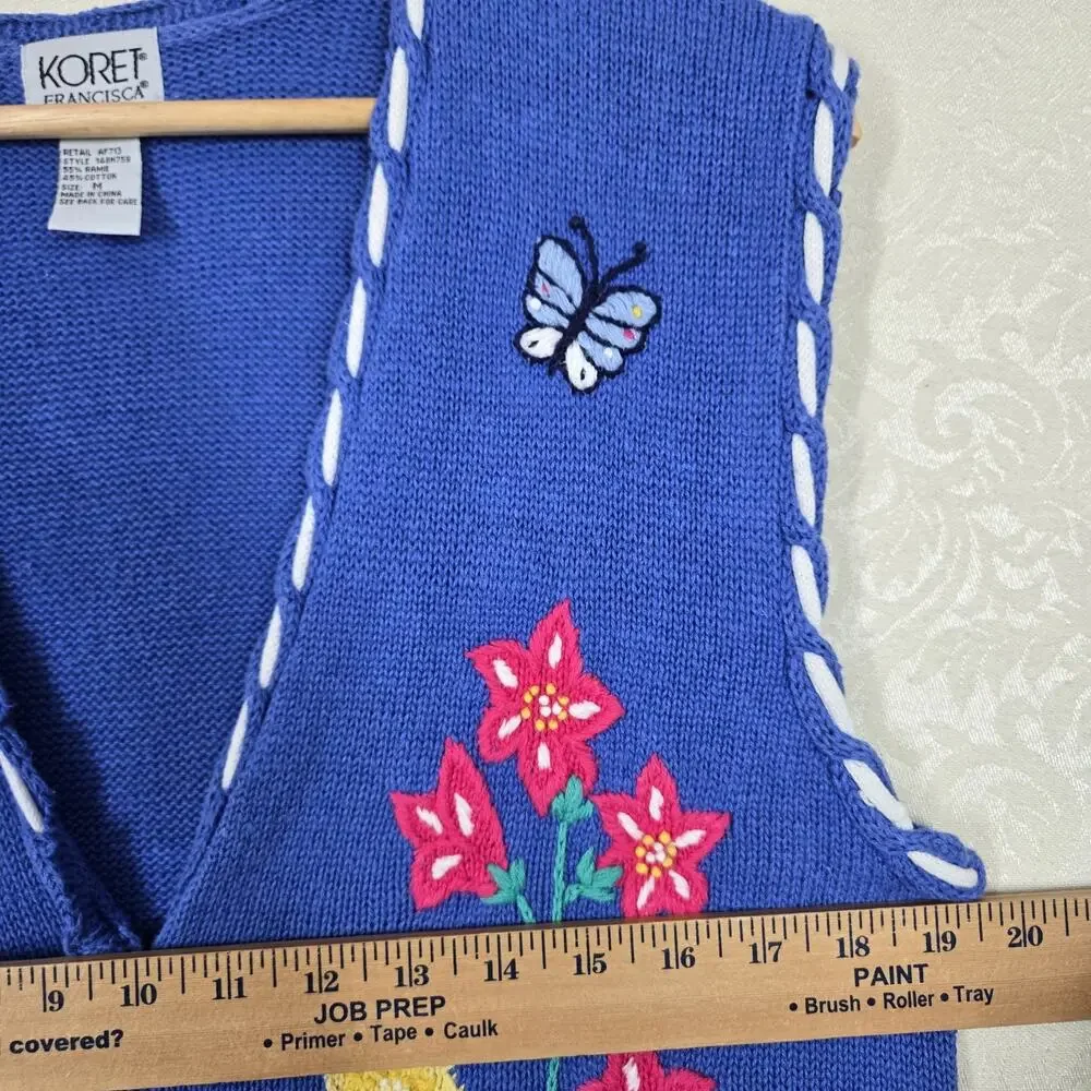 Vintage Koret Francisca Sweater Vest M Blue Floral Embroider Garden Cottagecore